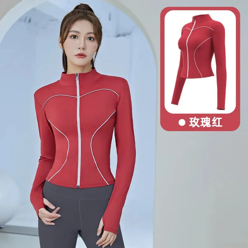 Slim Yoga Reflective Long Sleeved Women Sport Jacket Zipper Gym Fitness Coat Yoga Tops With Thumb Holes Running Cycling Jacket
