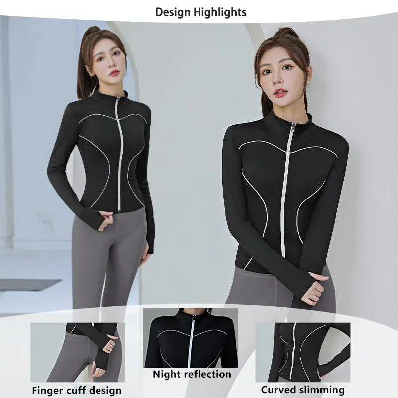 Slim Yoga Reflective Long Sleeved Women Sport Jacket Zipper Gym Fitness Coat Yoga Tops With Thumb Holes Running Cycling Jacket