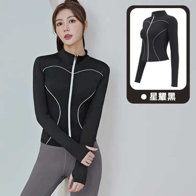 Slim Yoga Reflective Long Sleeved Women Sport Jacket Zipper Gym Fitness Coat Yoga Tops With Thumb Holes Running Cycling Jacket