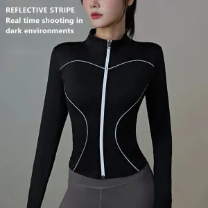 Slim Yoga Reflective Long Sleeved Women Sport Jacket Zipper Gym Fitness Coat Yoga Tops With Thumb Holes Running Cycling Jacket