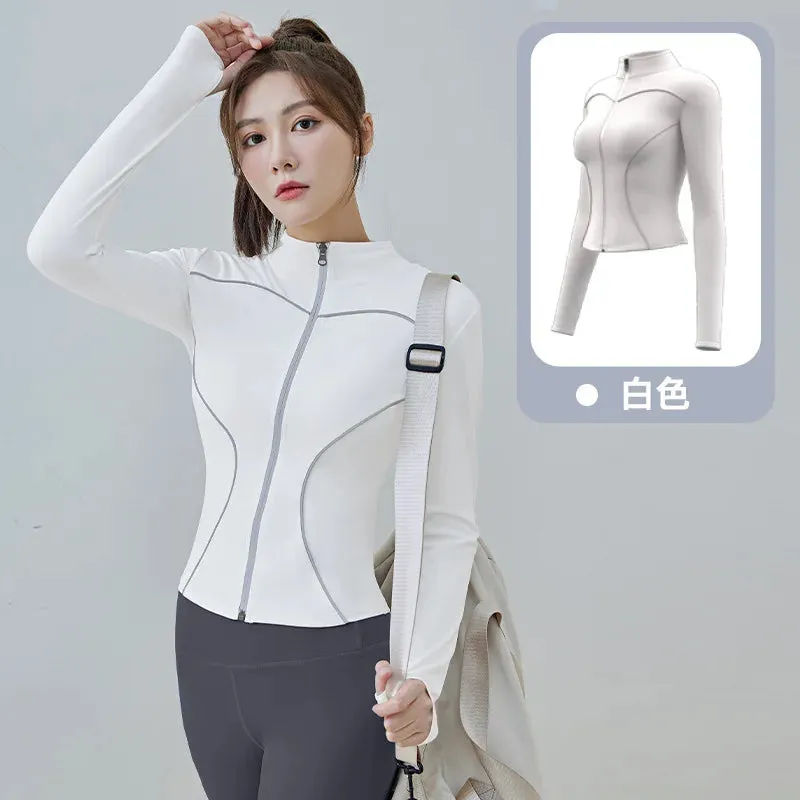 Slim Yoga Reflective Long Sleeved Women Sport Jacket Zipper Gym Fitness Coat Yoga Tops With Thumb Holes Running Cycling Jacket