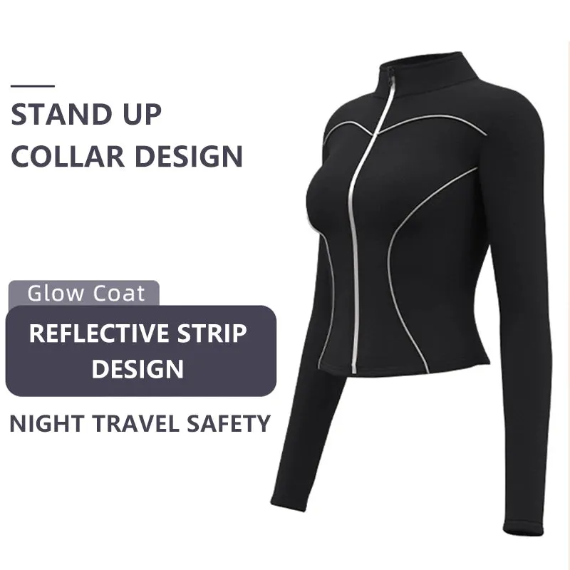 Slim Yoga Reflective Long Sleeved Women Sport Jacket Zipper Gym Fitness Coat Yoga Tops With Thumb Holes Running Cycling Jacket