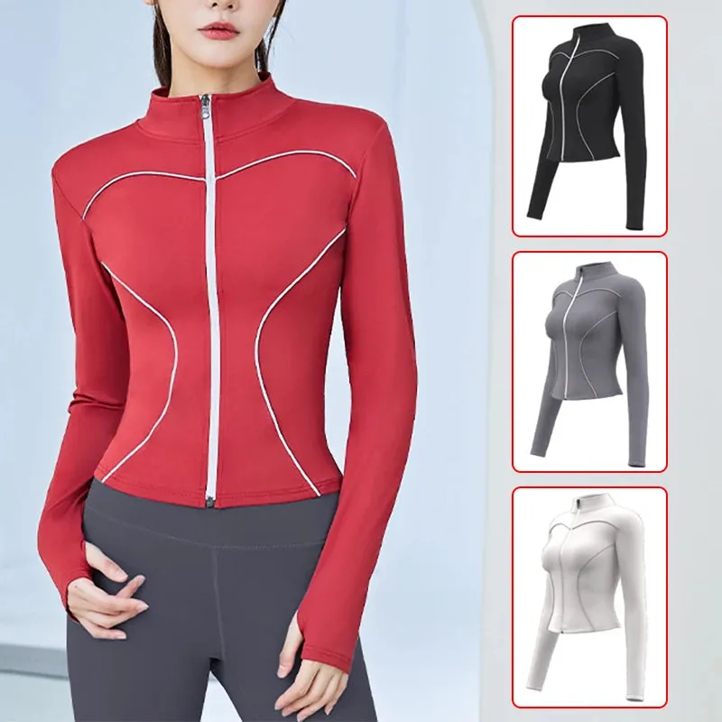 Slim Yoga Reflective Long Sleeved Women Sport Jacket Zipper Gym Fitness Coat Yoga Tops With Thumb Holes Running Cycling Jacket