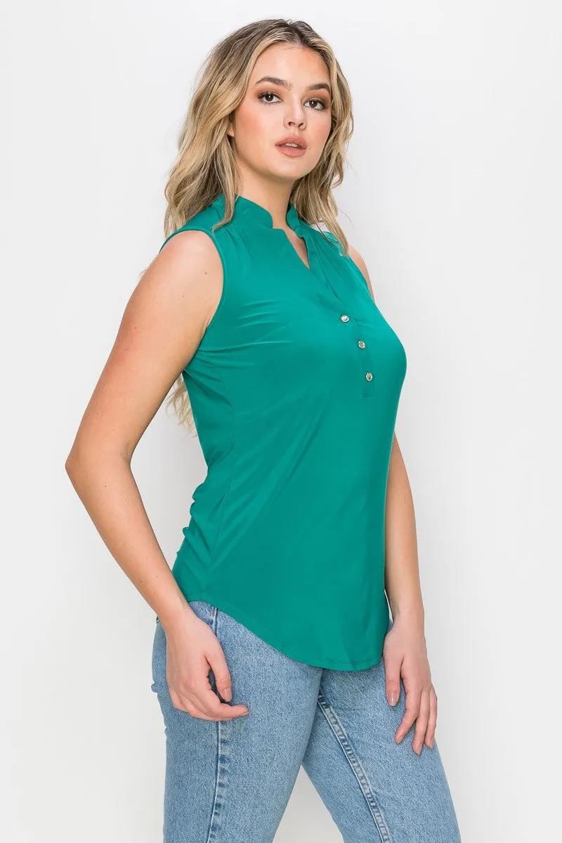 Solid Mandarin Collar V Neck Sleeveless Shirt