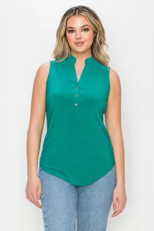Solid Mandarin Collar V Neck Sleeveless Shirt