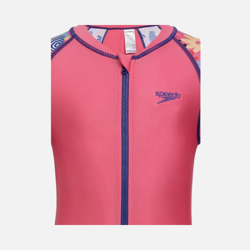 Speedo Colorblock All Over Printed Girls All in One Full Body Suit -Fandango Pink/True Cobalt