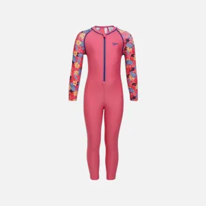 Speedo Colorblock All Over Printed Girls All in One Full Body Suit -Fandango Pink/True Cobalt