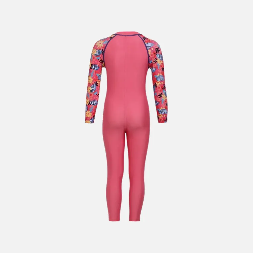 Speedo Colorblock All Over Printed Girls All in One Full Body Suit -Fandango Pink/True Cobalt