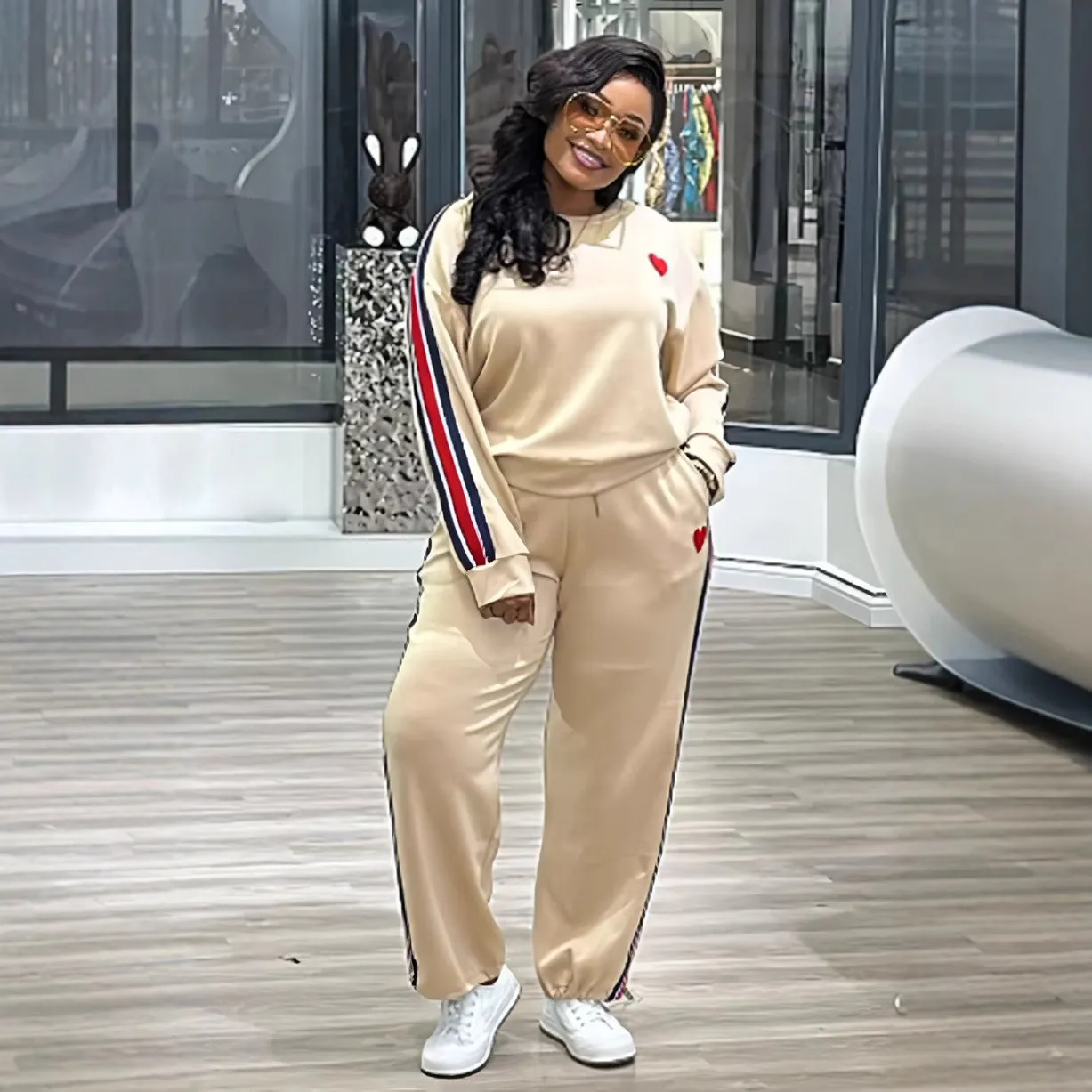 Sporty Contrast Ribbon Patchwork Two-Piece Lounge Set