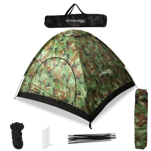 STRAUSS Automatic Portable Tent: Waterproof Camping Shelter | Easy Setup in 5-10 Minutes | Military Color | Fits 4 Persons
