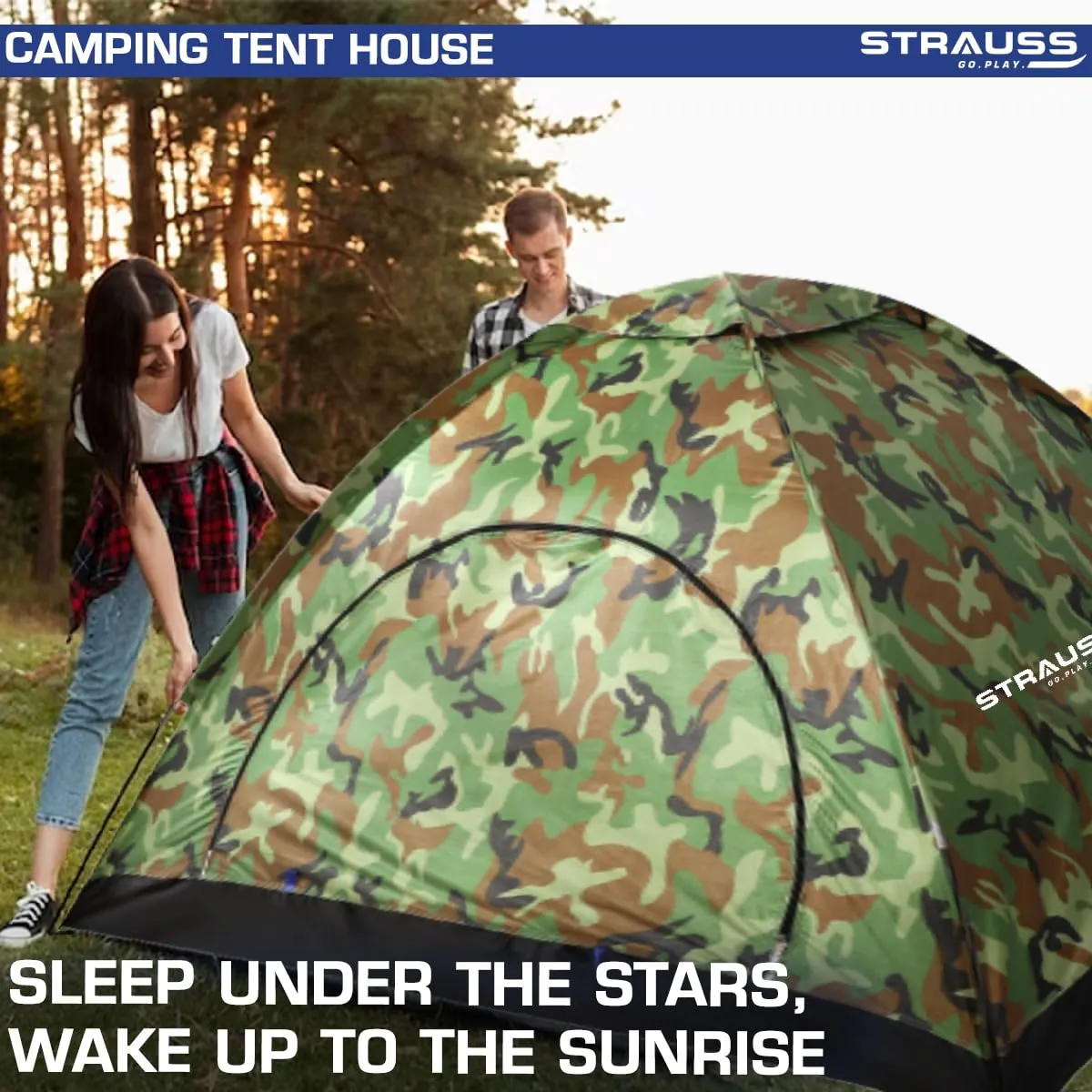 STRAUSS Automatic Portable Tent: Waterproof Camping Shelter | Easy Setup in 5-10 Minutes | Military Color | Fits 4 Persons