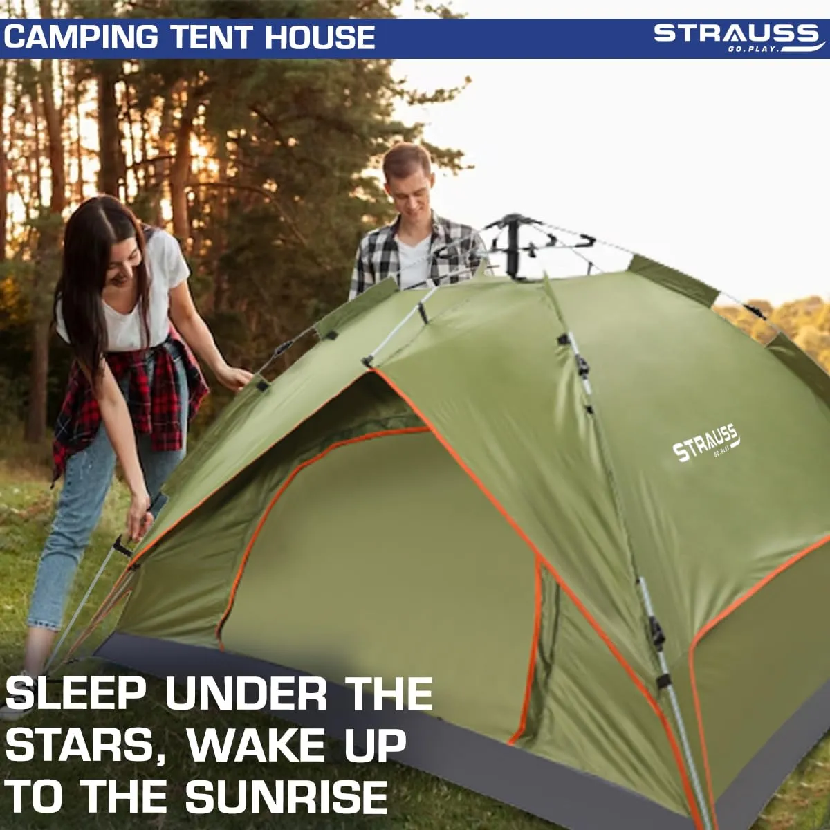 STRAUSS Automatic Portable Tent: Waterproof Camping Shelter | Easy Setup in 5-10 Minutes | Military Color | Fits 4 Persons