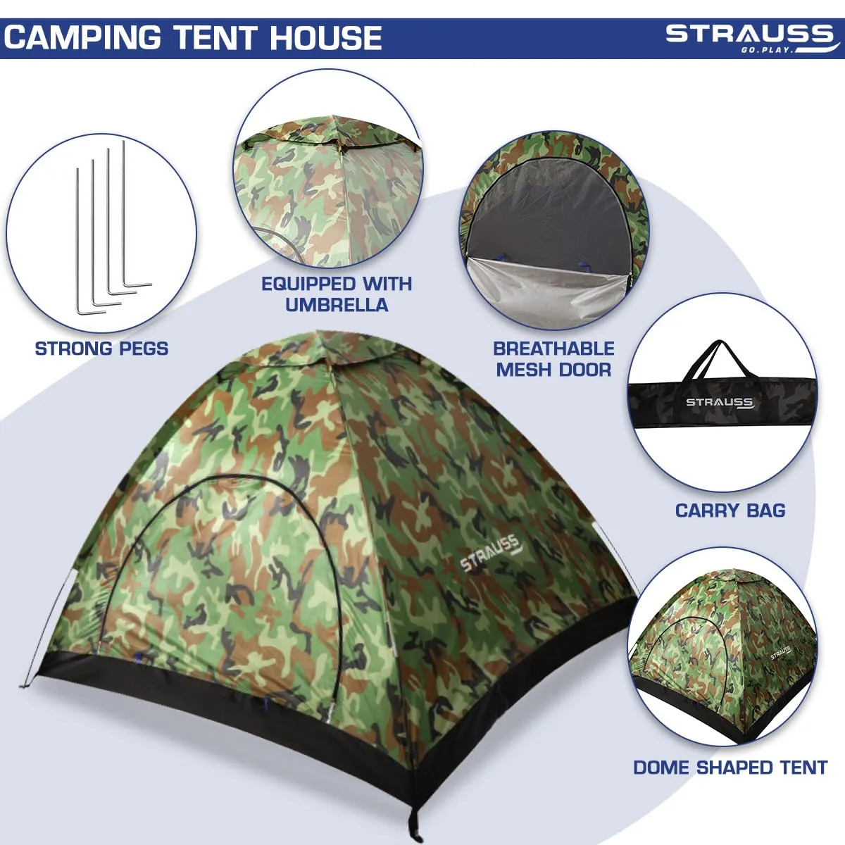 STRAUSS Automatic Portable Tent: Waterproof Camping Shelter | Easy Setup in 5-10 Minutes | Military Color | Fits 4 Persons