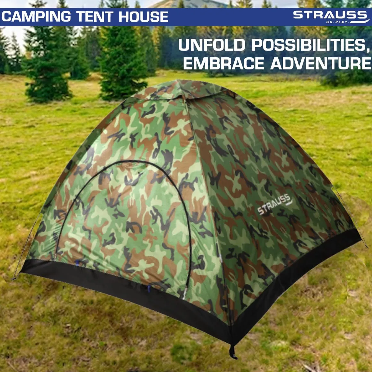 STRAUSS Automatic Portable Tent: Waterproof Camping Shelter | Easy Setup in 5-10 Minutes | Military Color | Fits 4 Persons