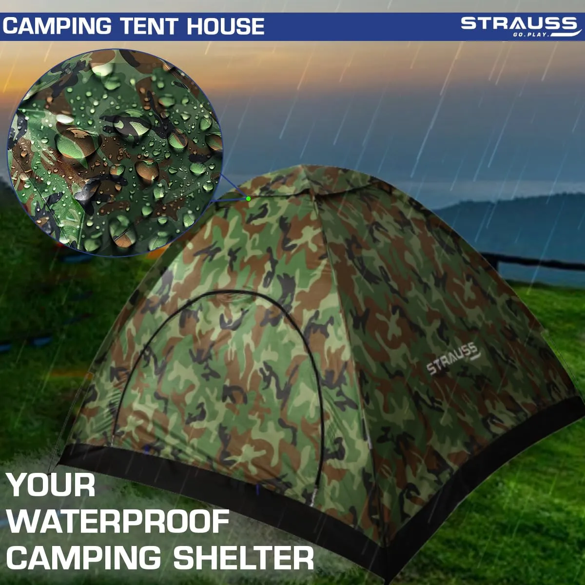 STRAUSS Automatic Portable Tent: Waterproof Camping Shelter | Easy Setup in 5-10 Minutes | Military Color | Fits 4 Persons