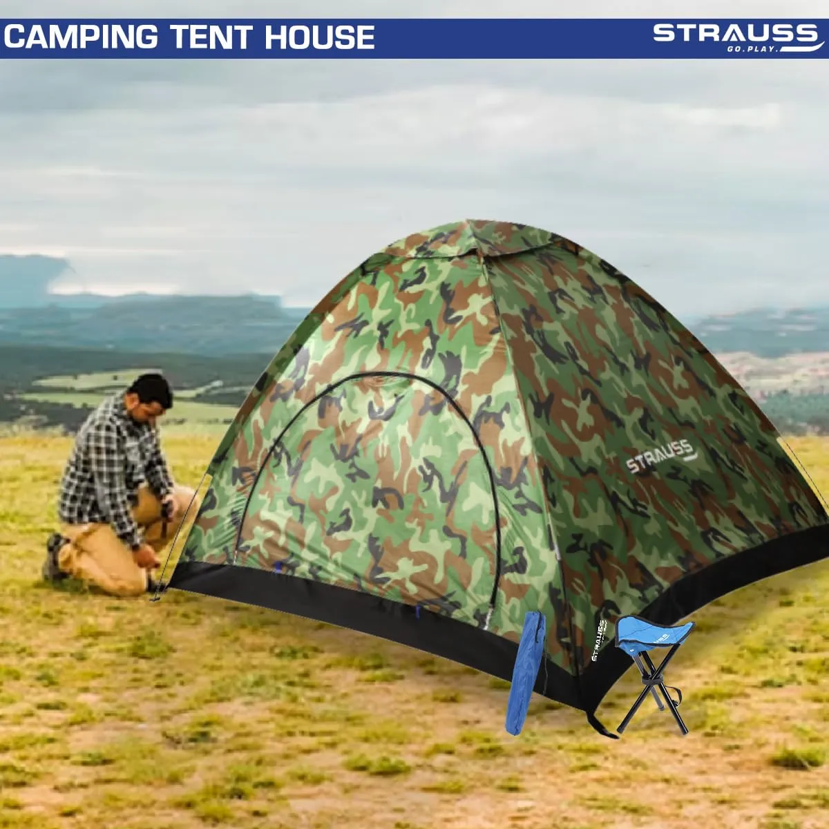 STRAUSS Automatic Portable Tent: Waterproof Camping Shelter | Easy Setup in 5-10 Minutes | Military Color | Fits 4 Persons
