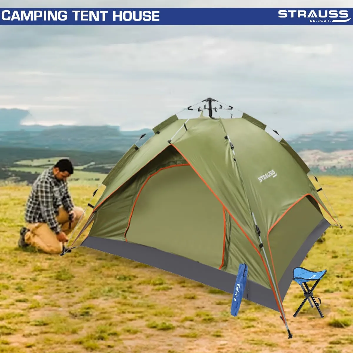 STRAUSS Automatic Portable Tent: Waterproof Camping Shelter | Easy Setup in 5-10 Minutes | Military Color | Fits 4 Persons