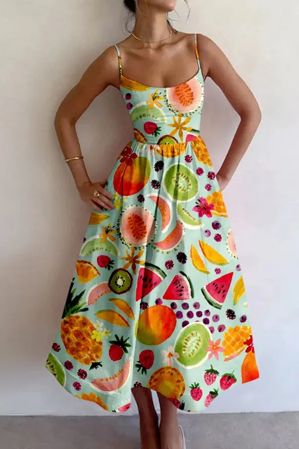 Summer Colorful Unique Printed Sexy Suspender Slim Midi Dress