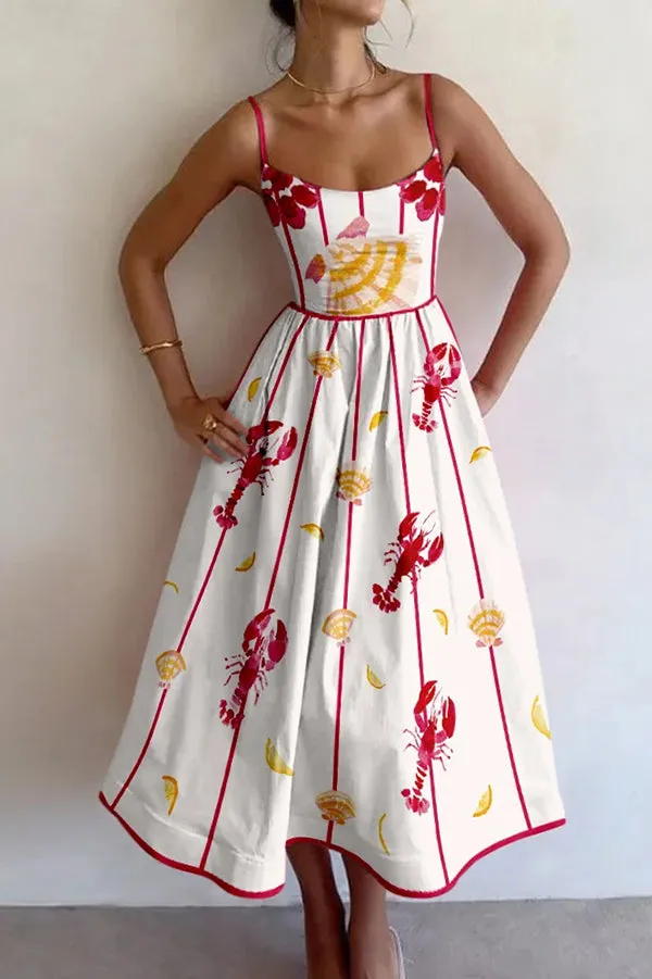Summer Colorful Unique Printed Sexy Suspender Slim Midi Dress