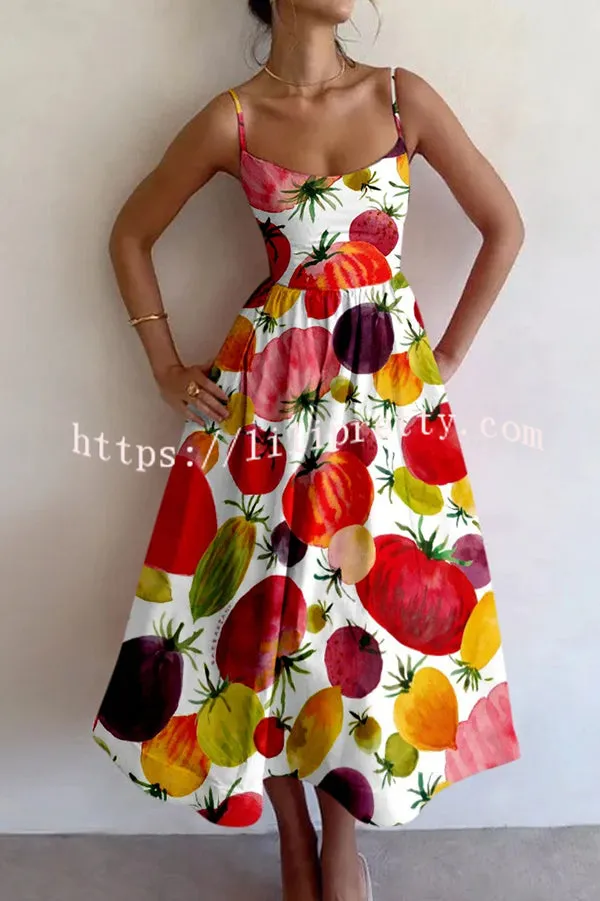 Summer Colorful Unique Printed Sexy Suspender Slim Midi Dress