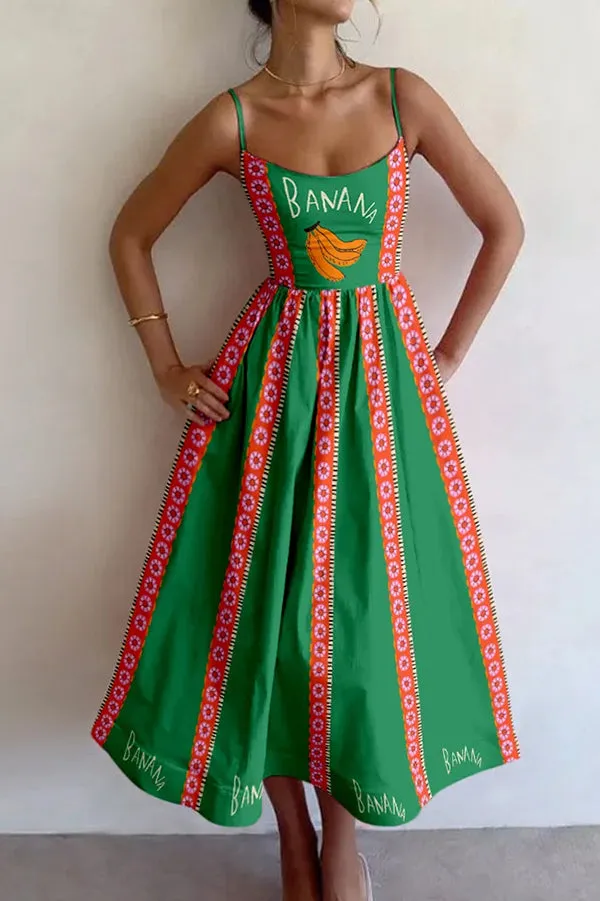 Summer Colorful Unique Printed Sexy Suspender Slim Midi Dress