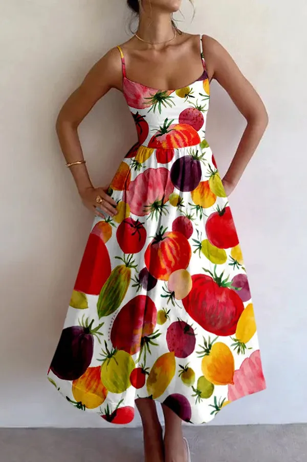 Summer Colorful Unique Printed Sexy Suspender Slim Midi Dress