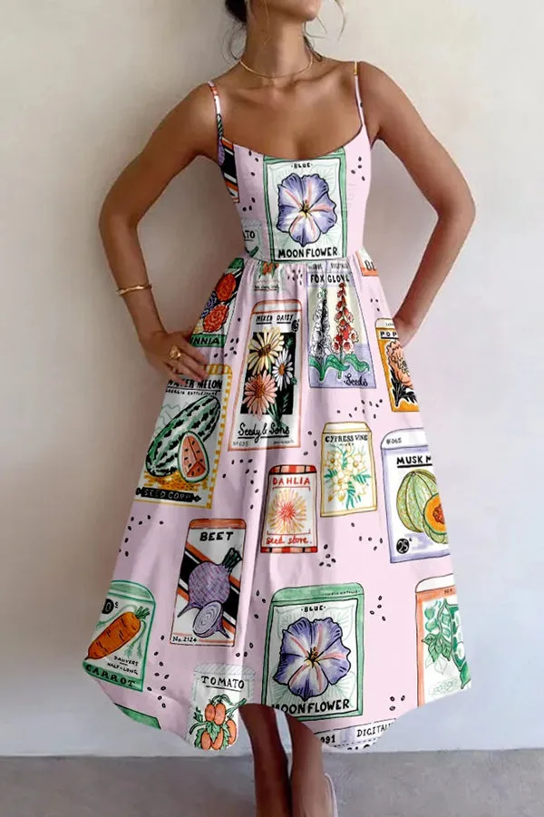 Summer Colorful Unique Printed Sexy Suspender Slim Midi Dress