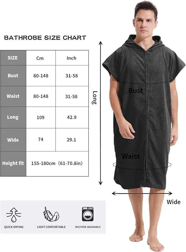 Surf Poncho Hooded Changing Towel Swim Robe with Zipper Plus Size Terry Cloth Swim Cover Up for Adults Men Women Towel Poncho Hoodie Surfing Accessories(Black) (Black)