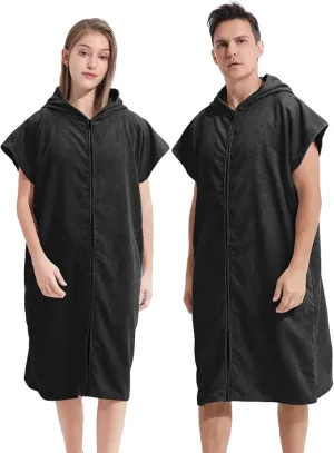 Surf Poncho Hooded Changing Towel Swim Robe with Zipper Plus Size Terry Cloth Swim Cover Up for Adults Men Women Towel Poncho Hoodie Surfing Accessories(Black) (Black)