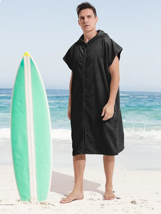 Surf Poncho Hooded Changing Towel Swim Robe with Zipper Plus Size Terry Cloth Swim Cover Up for Adults Men Women Towel Poncho Hoodie Surfing Accessories(Black) (Black)