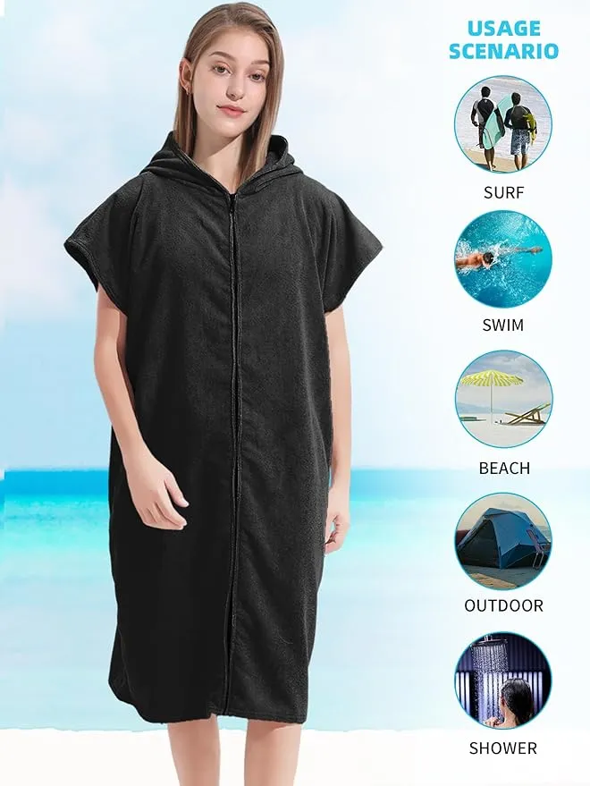 Surf Poncho Hooded Changing Towel Swim Robe with Zipper Plus Size Terry Cloth Swim Cover Up for Adults Men Women Towel Poncho Hoodie Surfing Accessories(Black) (Black)