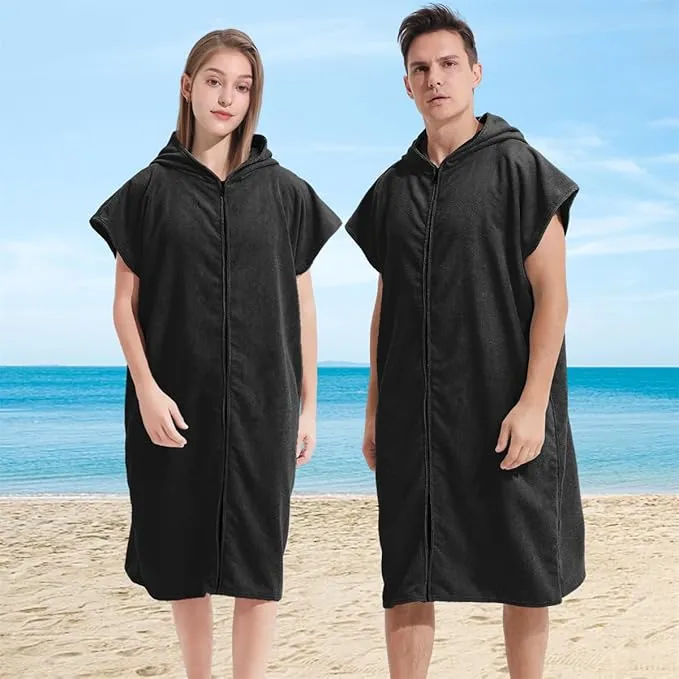 Surf Poncho Hooded Changing Towel Swim Robe with Zipper Plus Size Terry Cloth Swim Cover Up for Adults Men Women Towel Poncho Hoodie Surfing Accessories(Black) (Black)