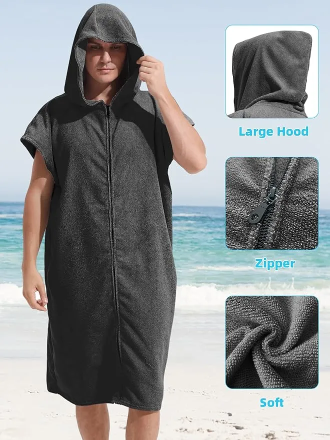 Surf Poncho Hooded Changing Towel Swim Robe with Zipper Plus Size Terry Cloth Swim Cover Up for Adults Men Women Towel Poncho Hoodie Surfing Accessories(Black) (Black)