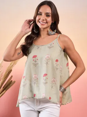 Tea Green Floral Strappe Flare Top