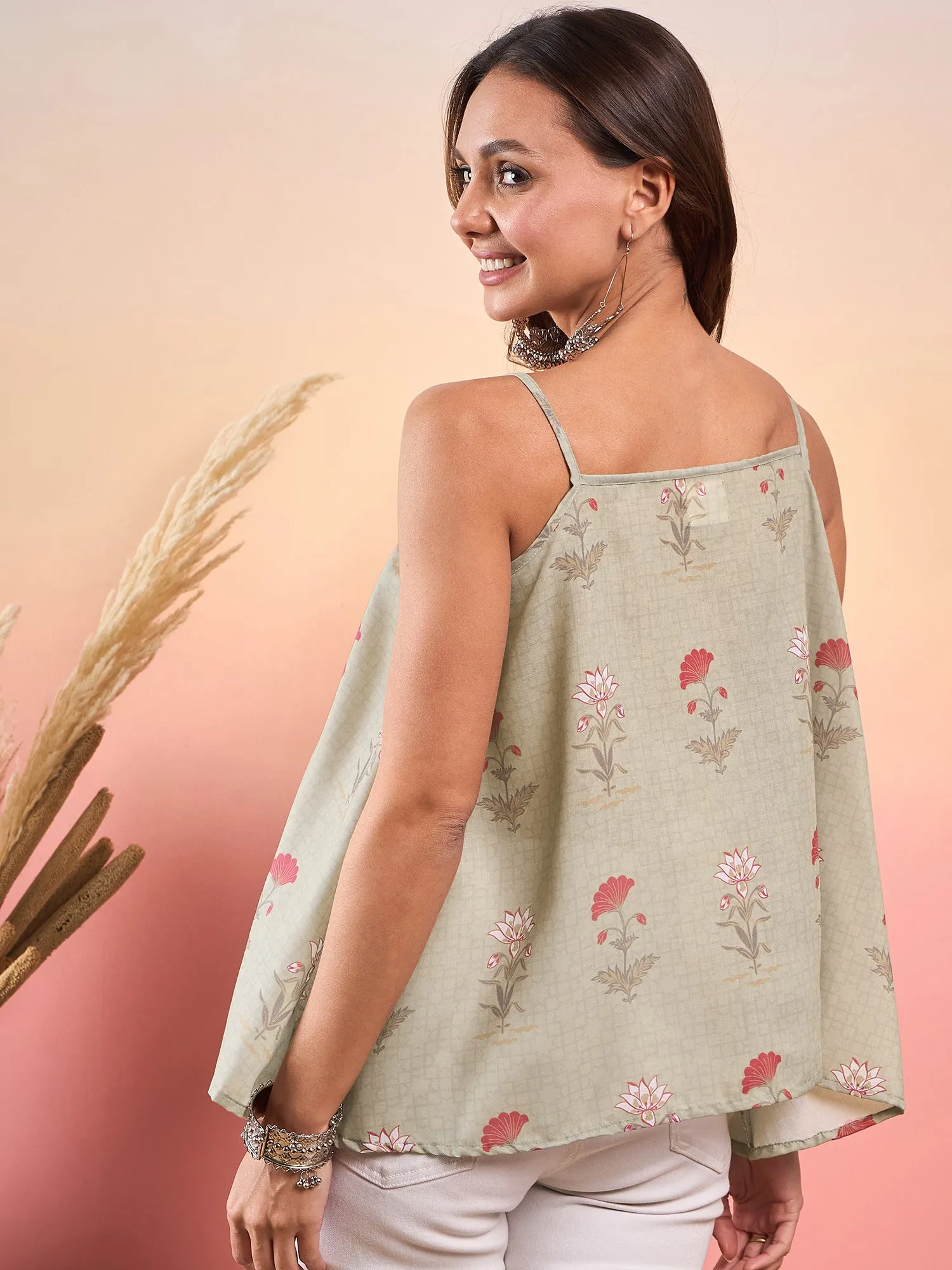 Tea Green Floral Strappe Flare Top