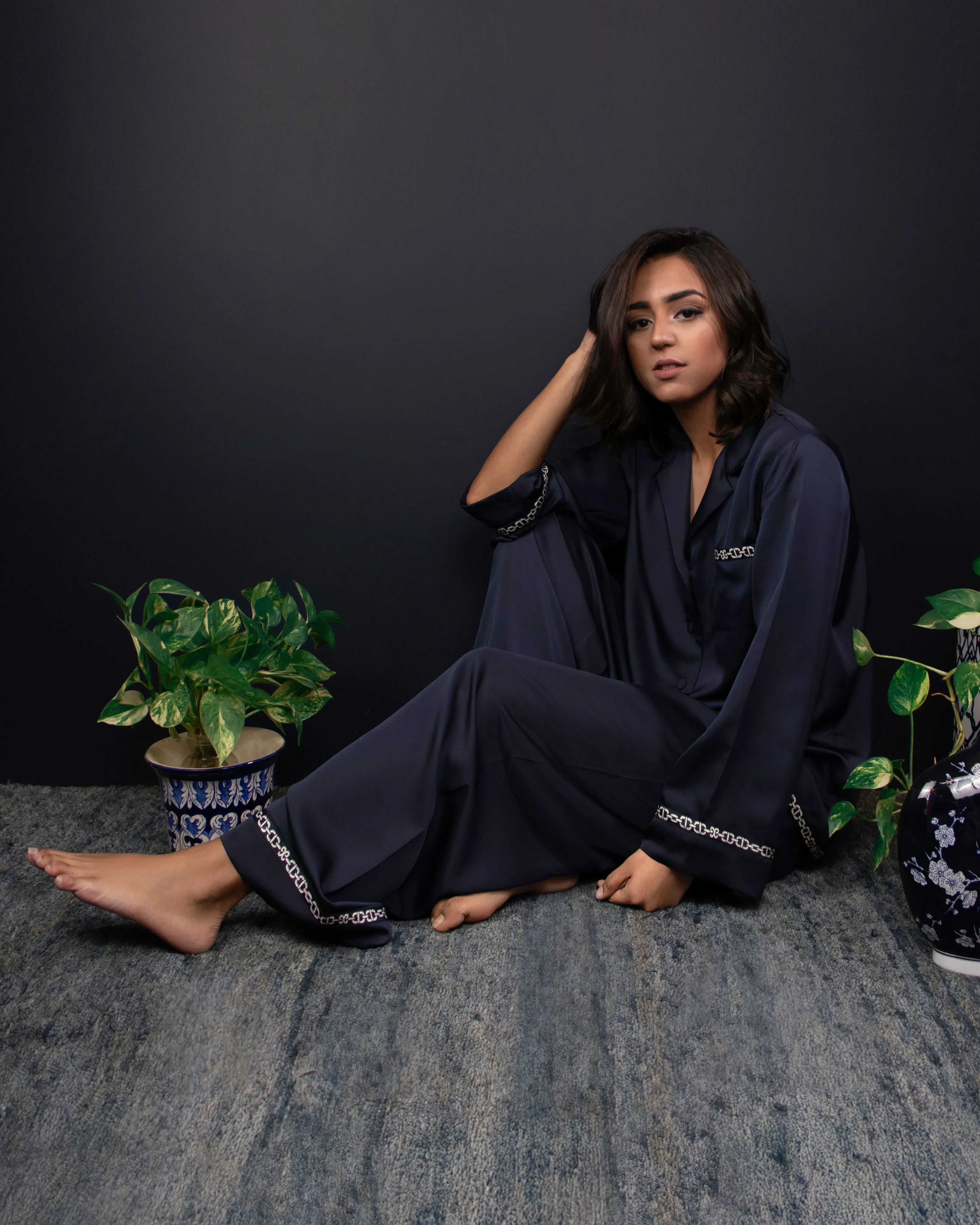 The Navy Satin Set