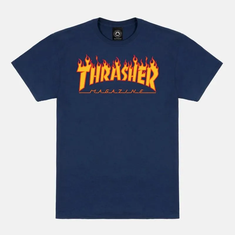 THRASHER Flame Logo Tee Navy Blue