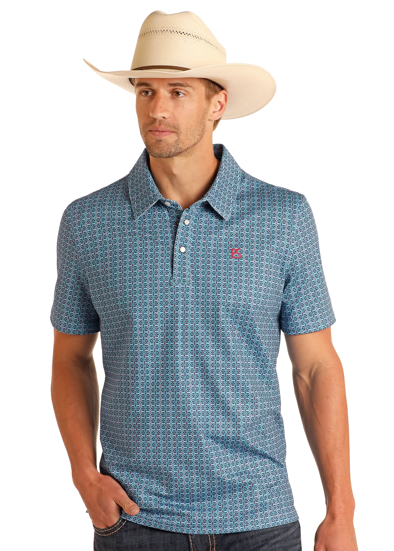 Turquoise Geo Print Performance Polo