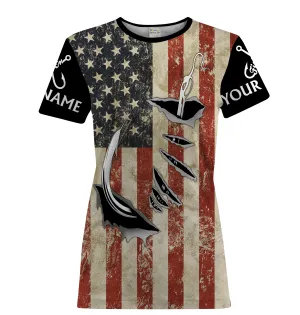 US Fishing Fish Hook American Flag patriotic Customize Name UV protection UPF 30  fishing t shirts for women NPQ71