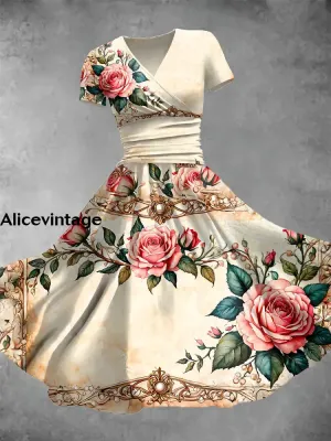 Vintage Floral Print V-Neck Short Sleeve Midi Dress