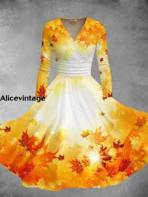 Vintage Maple Leaves Fly Printed V-Neck Long Sleeve Fashion Midi Dress