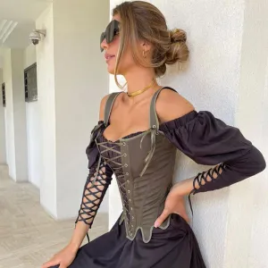 Vintage Style Edge Lace Up Boned Crop Corset Top - Army Green