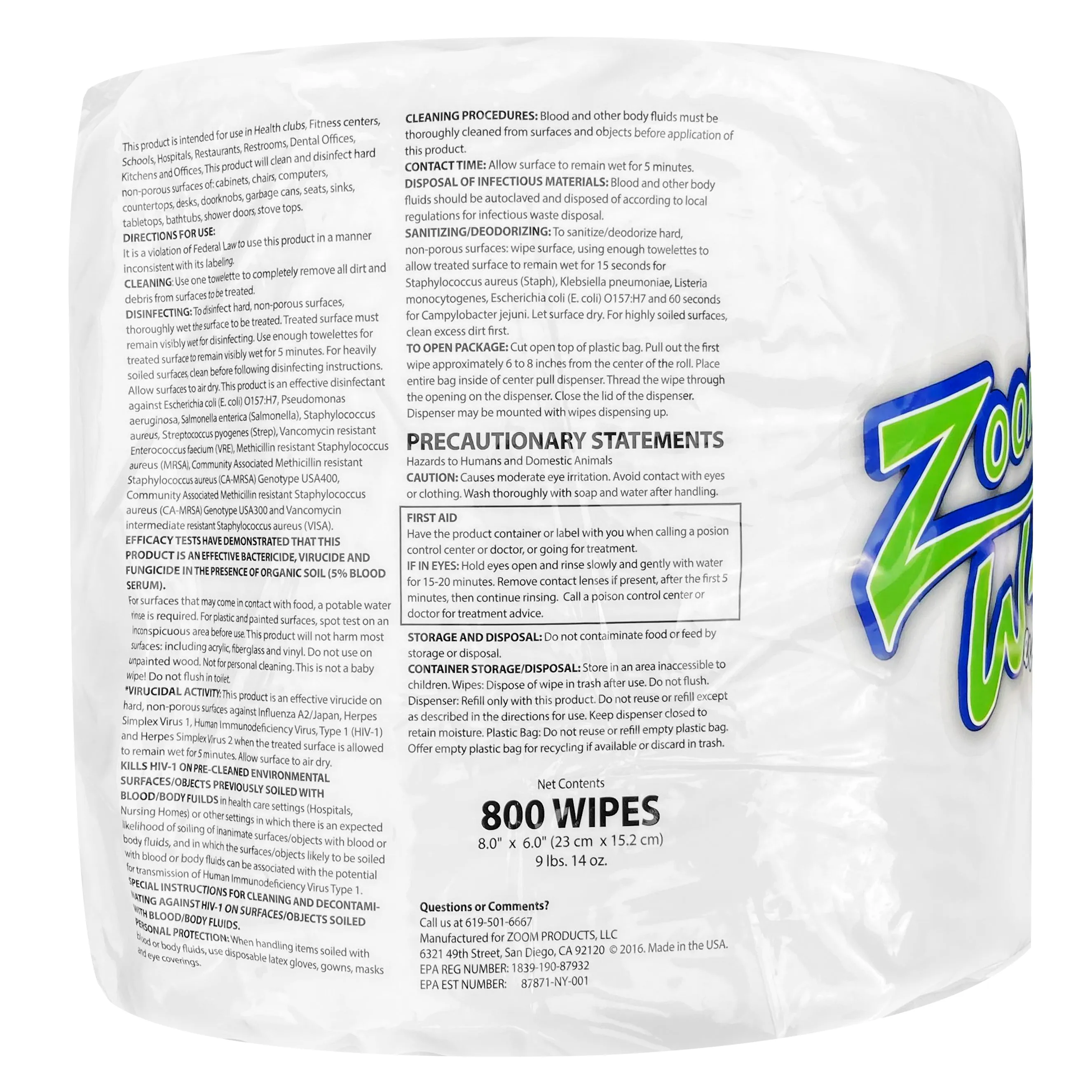 Zoom Evolution Disinfecting Wipes - 3200 Citrus-Scented 8" x 6" Wipes - 4 Large Rolls